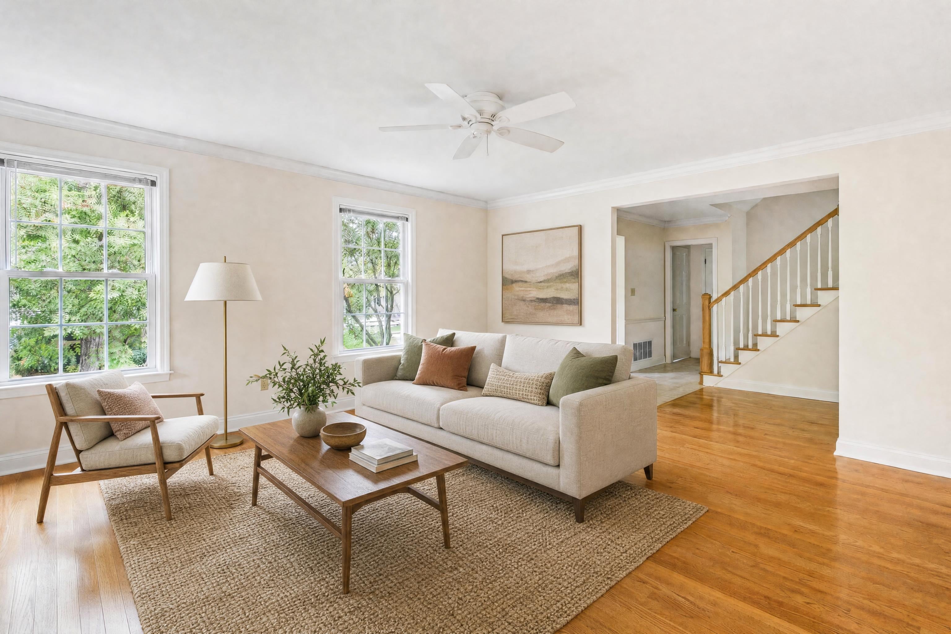 Living room virtually staged in a Warm Modern style