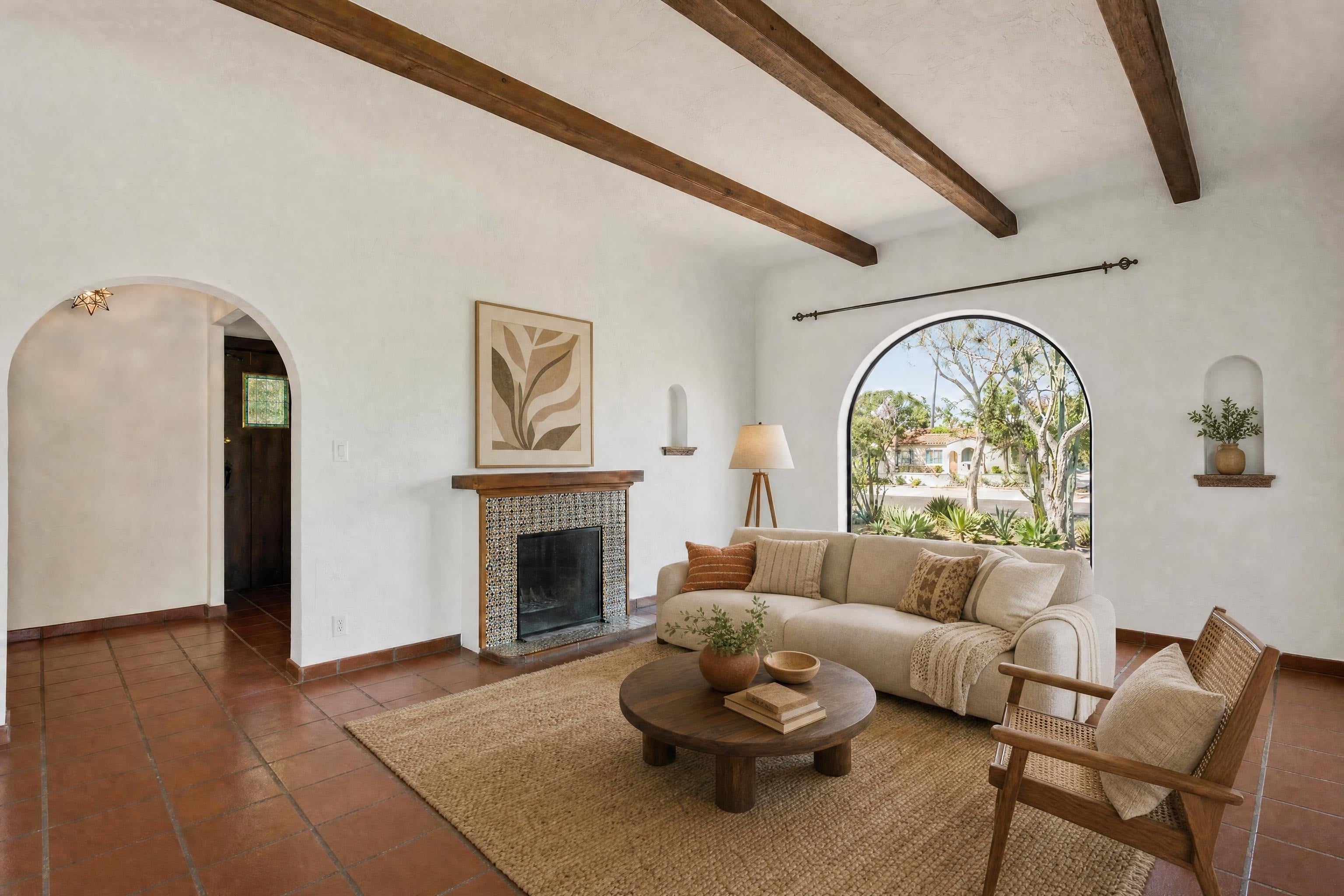 Living room in a Spanish-style bungalow, virtually staged in a boho style