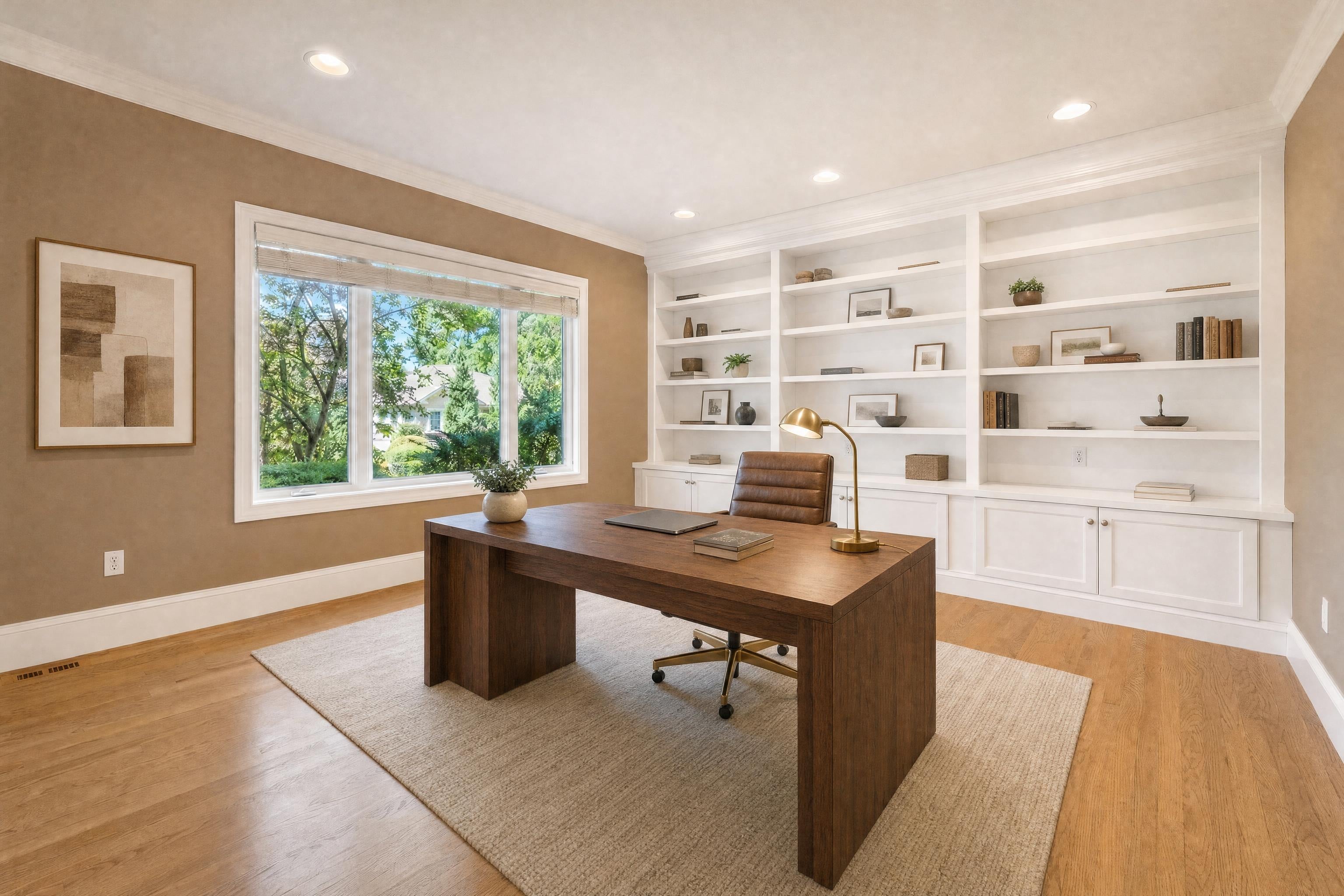 Den in a suburban home used as a home office, virtually staged in a warm modern style