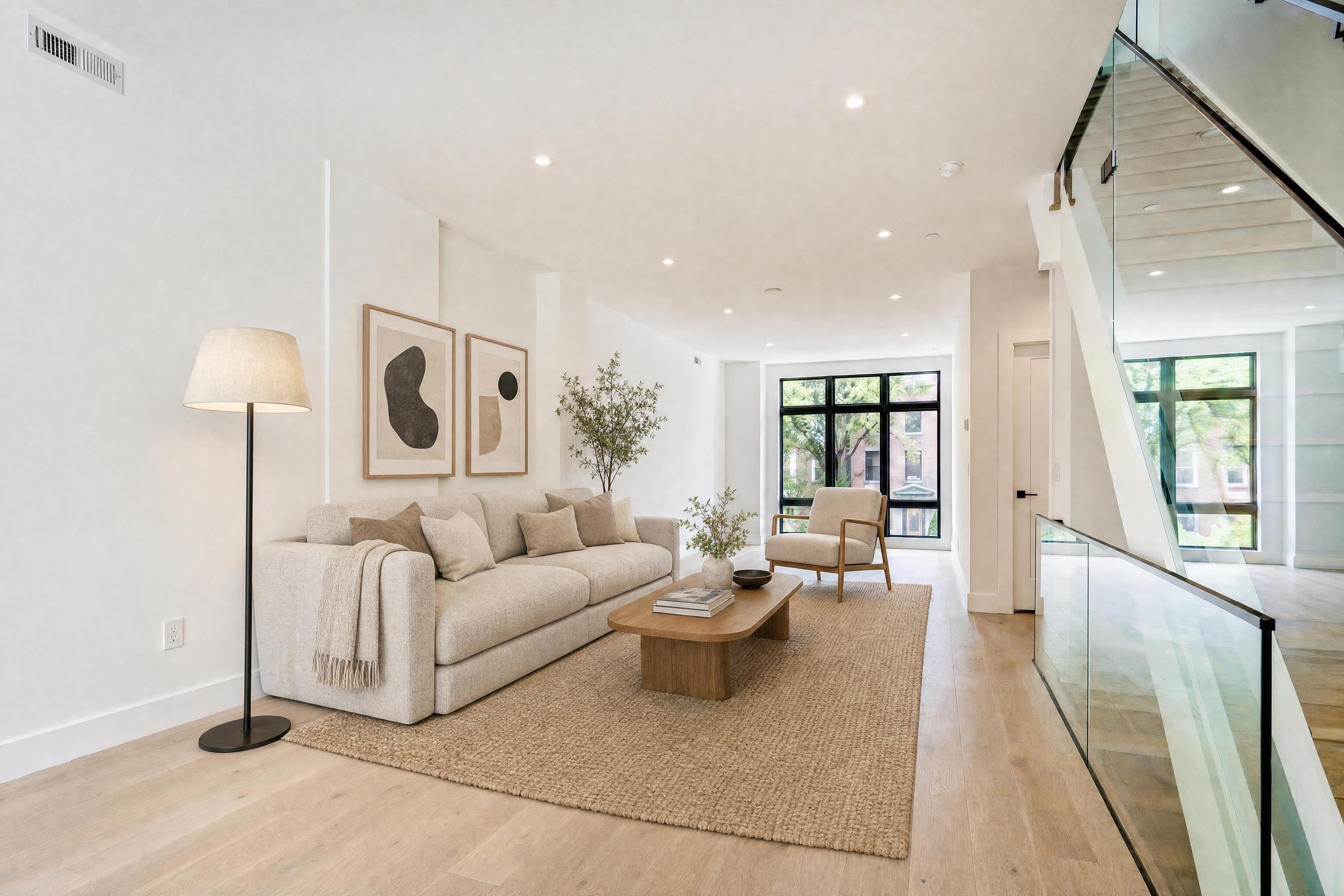 Living room in a newly built narrow townhouse, virtually staged in a Scandinavian style