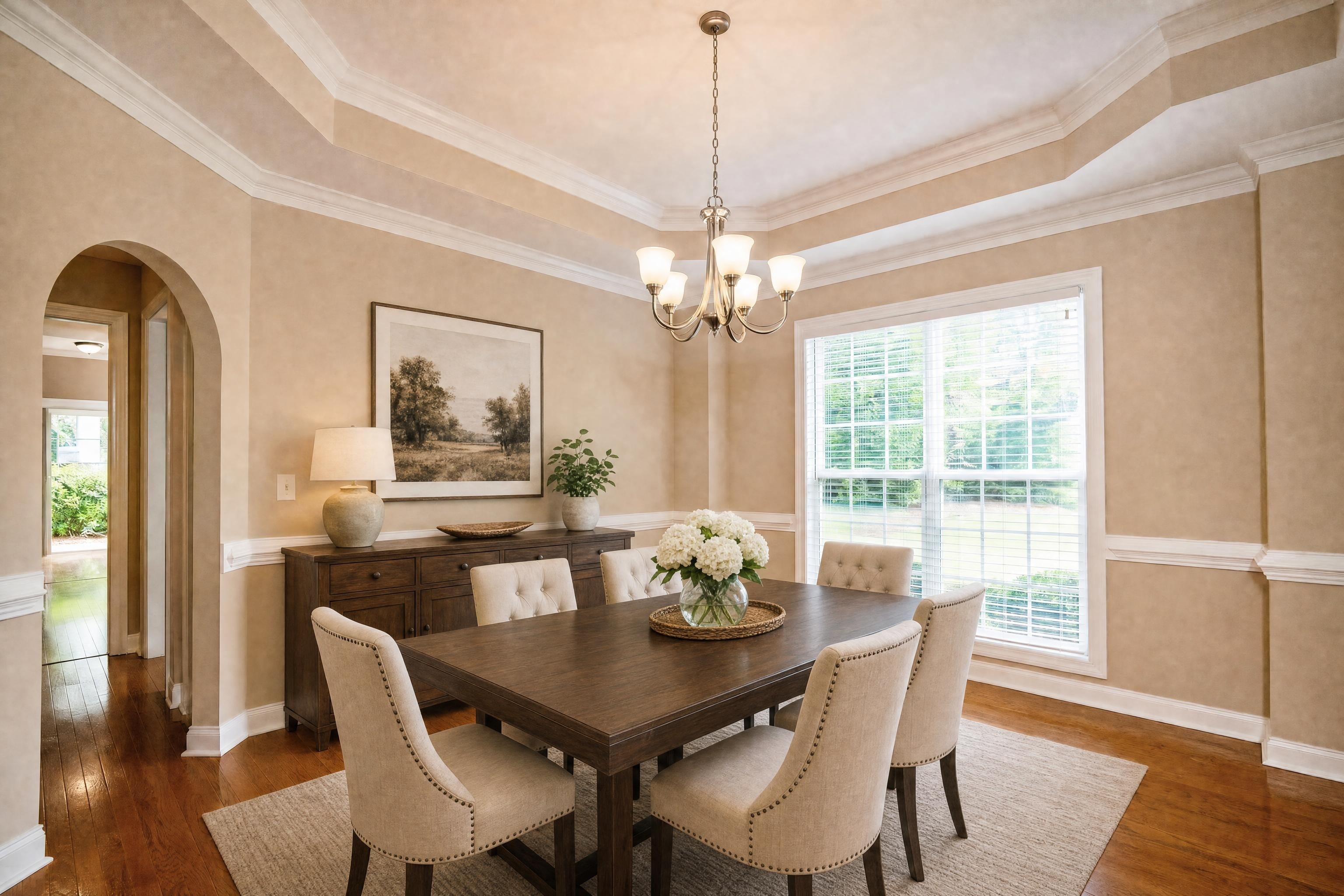 Formal dining room in a 2000s brick home, virtually staged in a transitional style