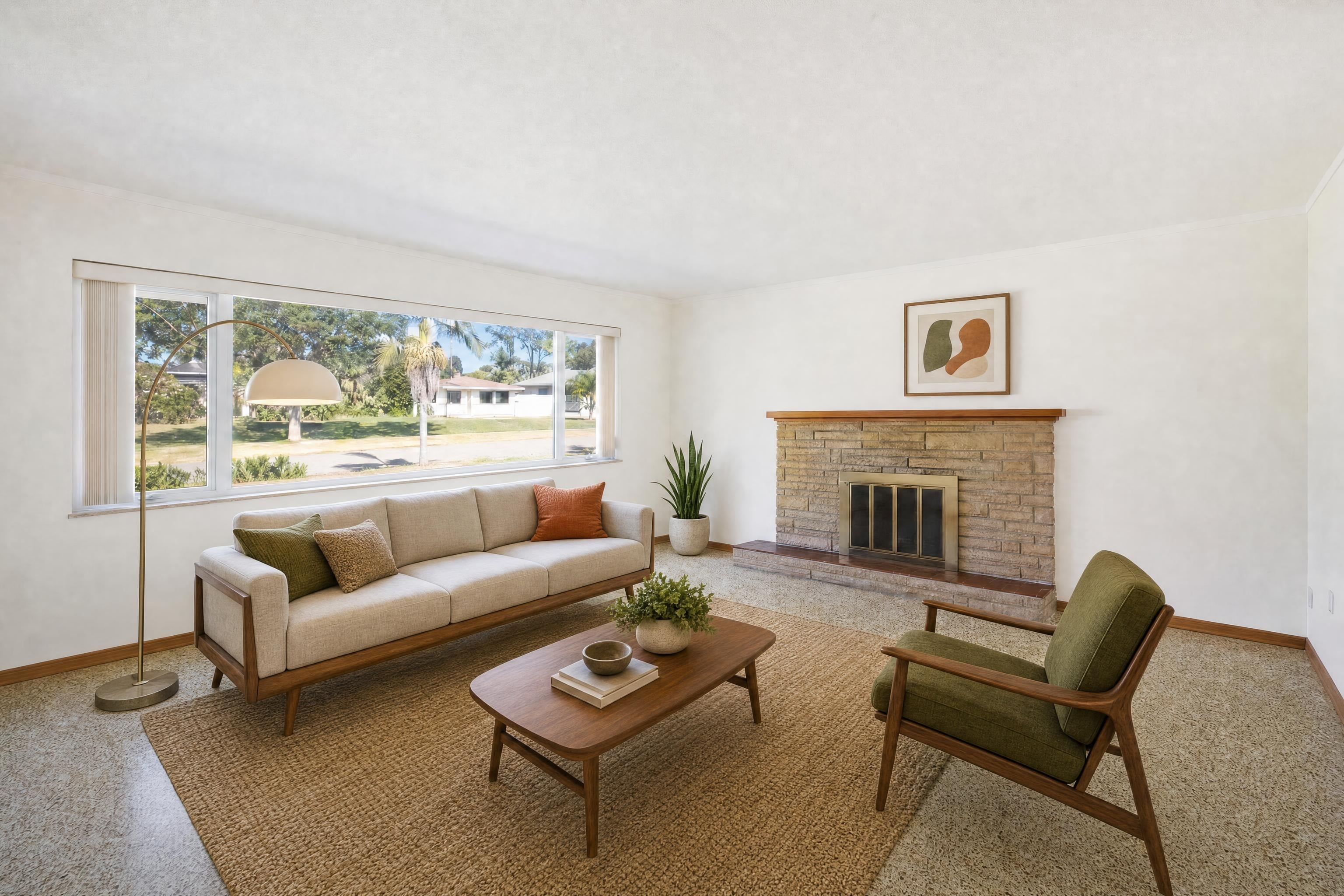 Living room in a 1950s ranch house, virtually staged in a mid-century style