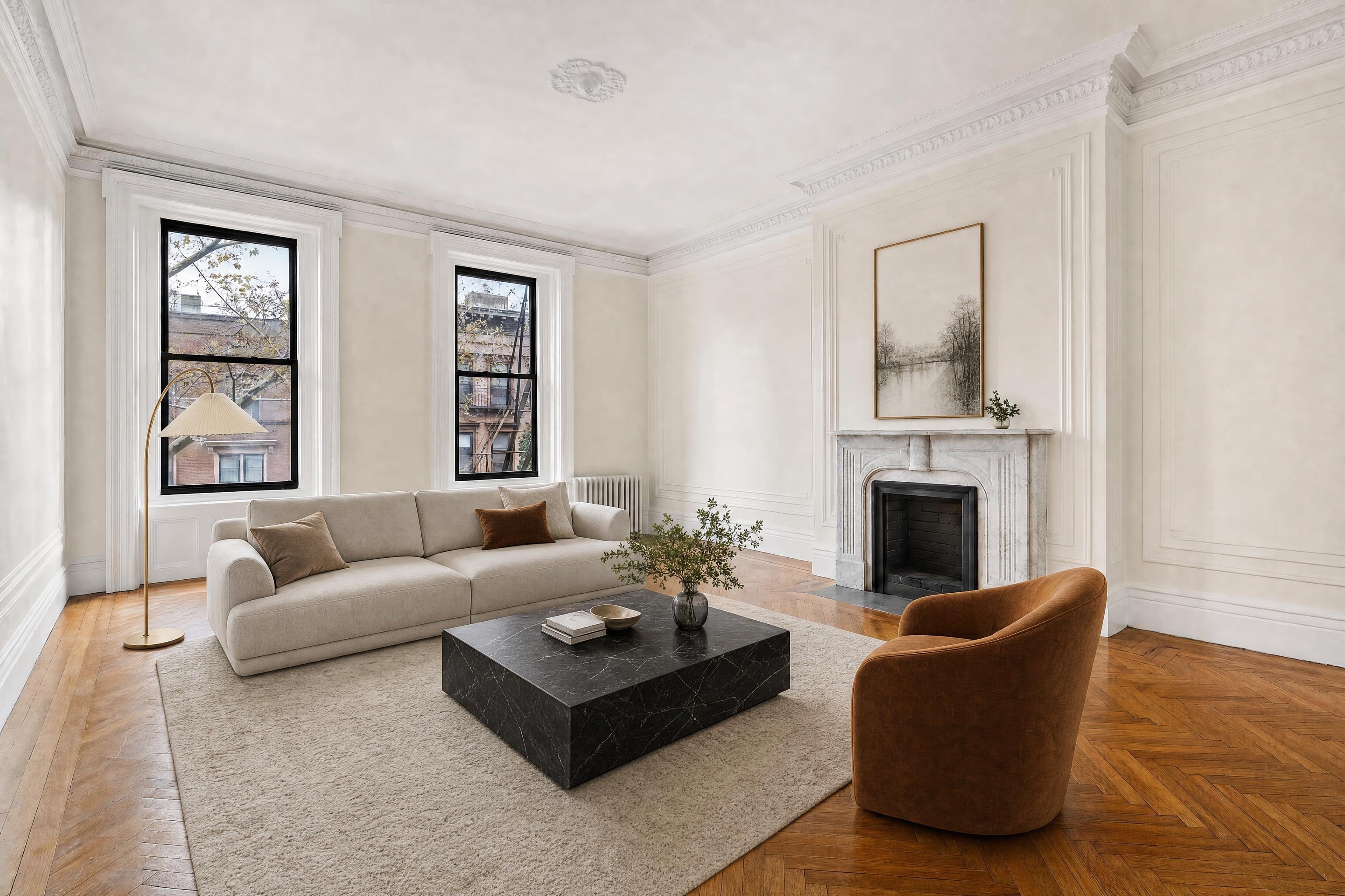 Living room in a 1910s apartment, virtually staged in a Parisian style