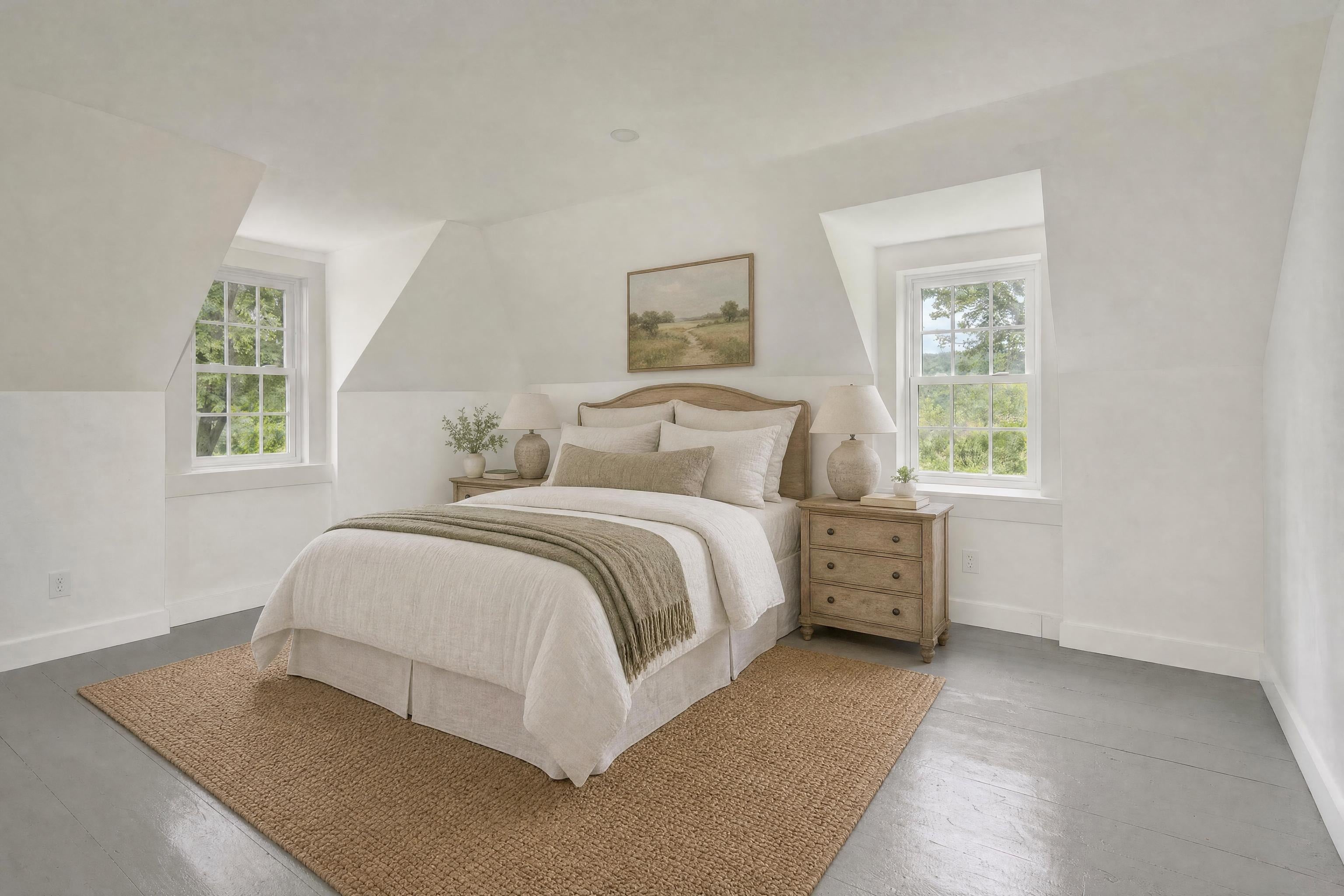 Bedroom in a farmhouse, virtually staged in a farmhouse style