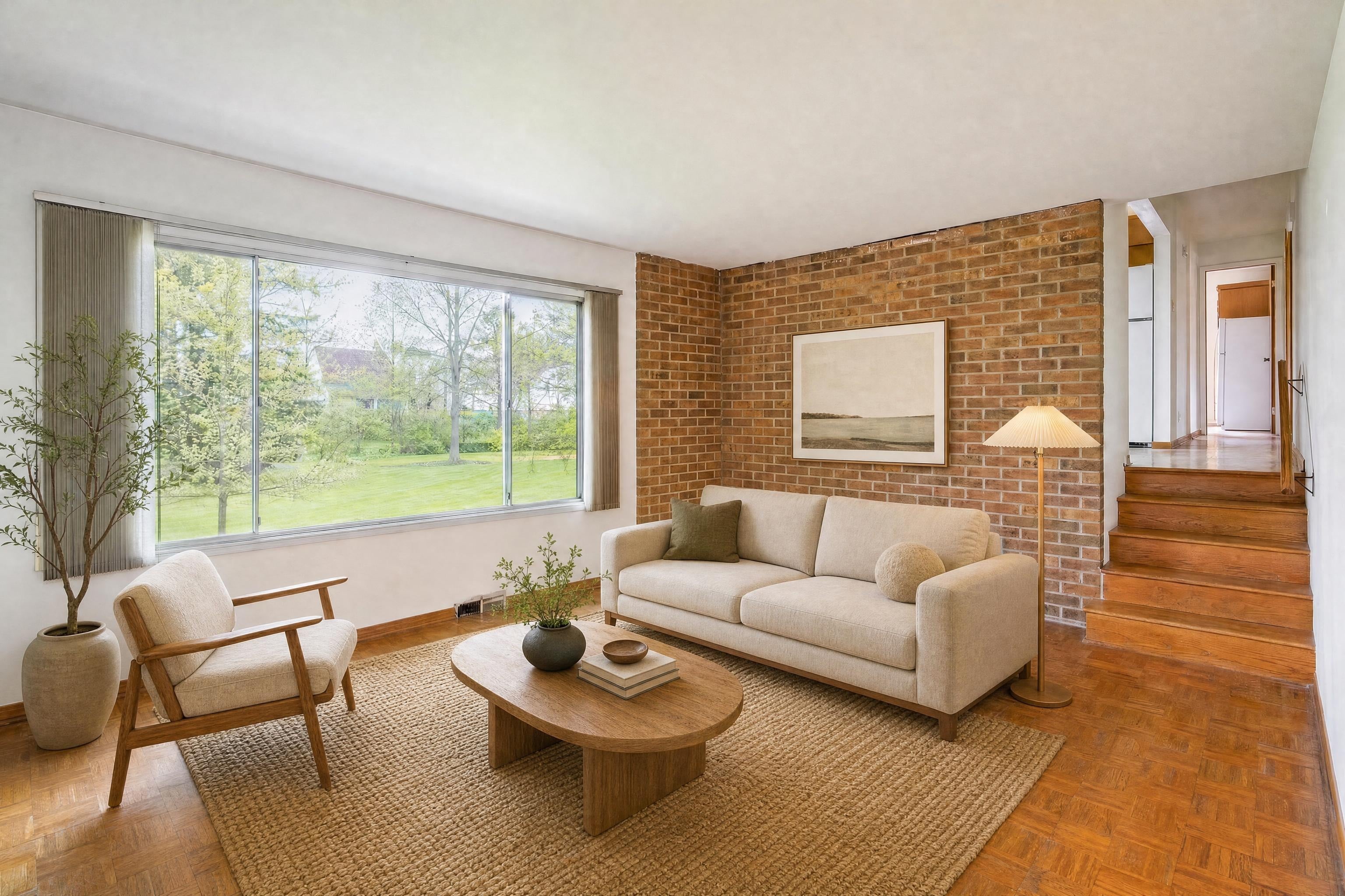 Living room in a 1970s split-level house, virtually staged in a Japandi style