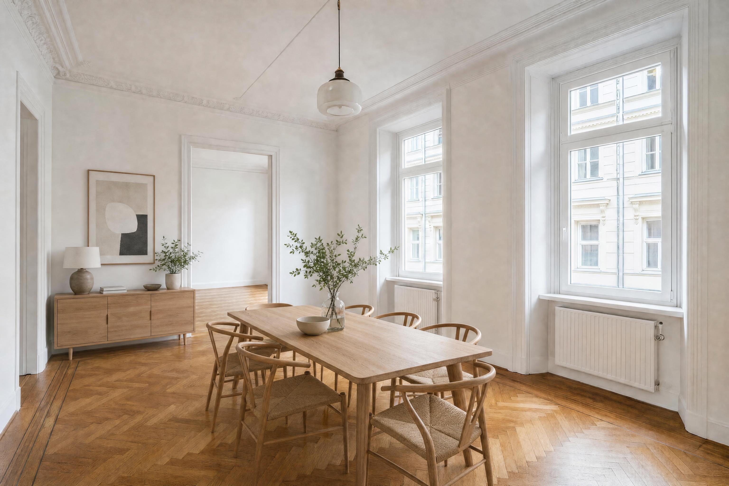 Dining room in a European-style apartment, virtually staged in a Scandinavian style