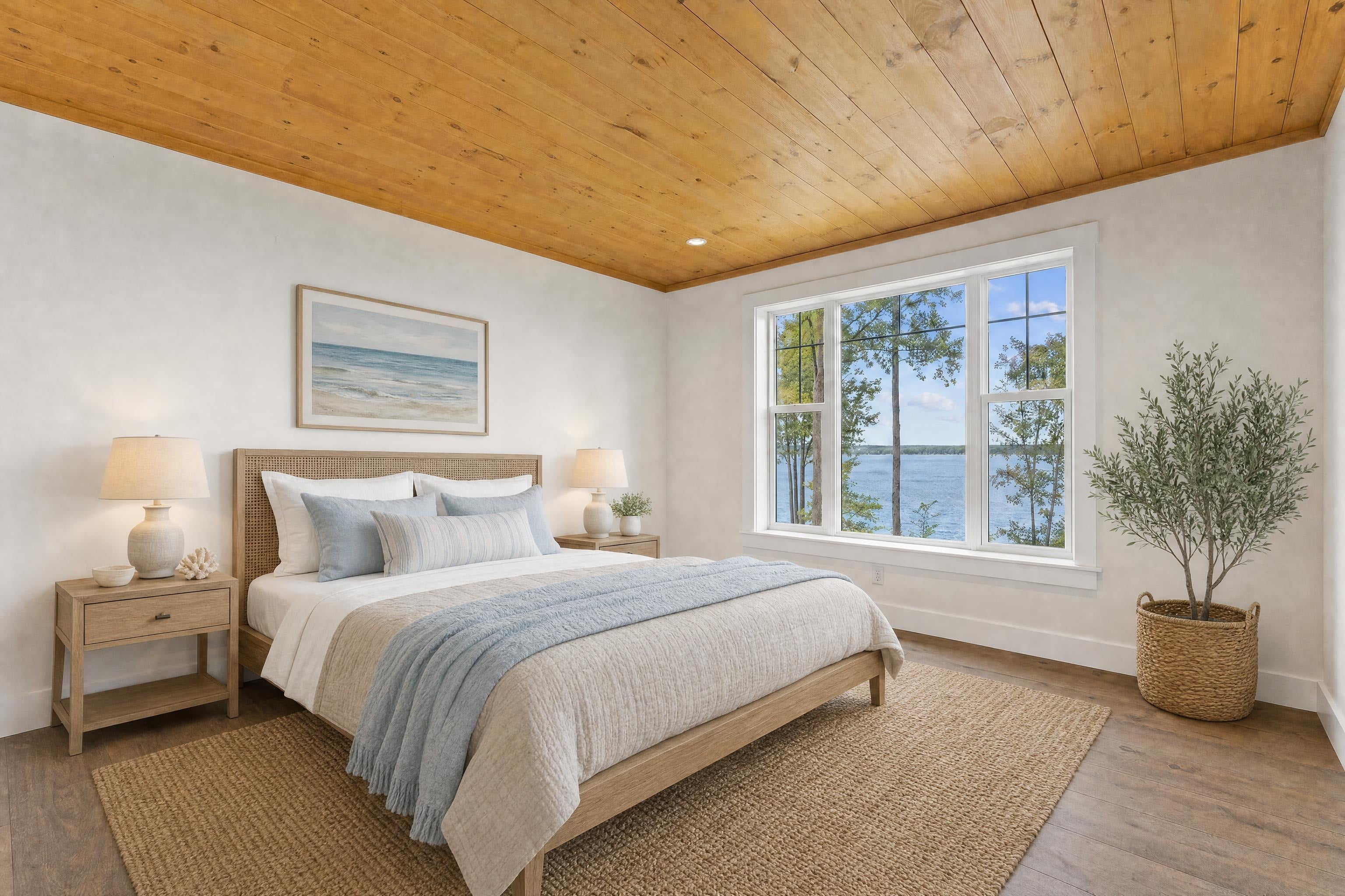 Guest bedroom in a lake house, virtually staged in a coastal style
