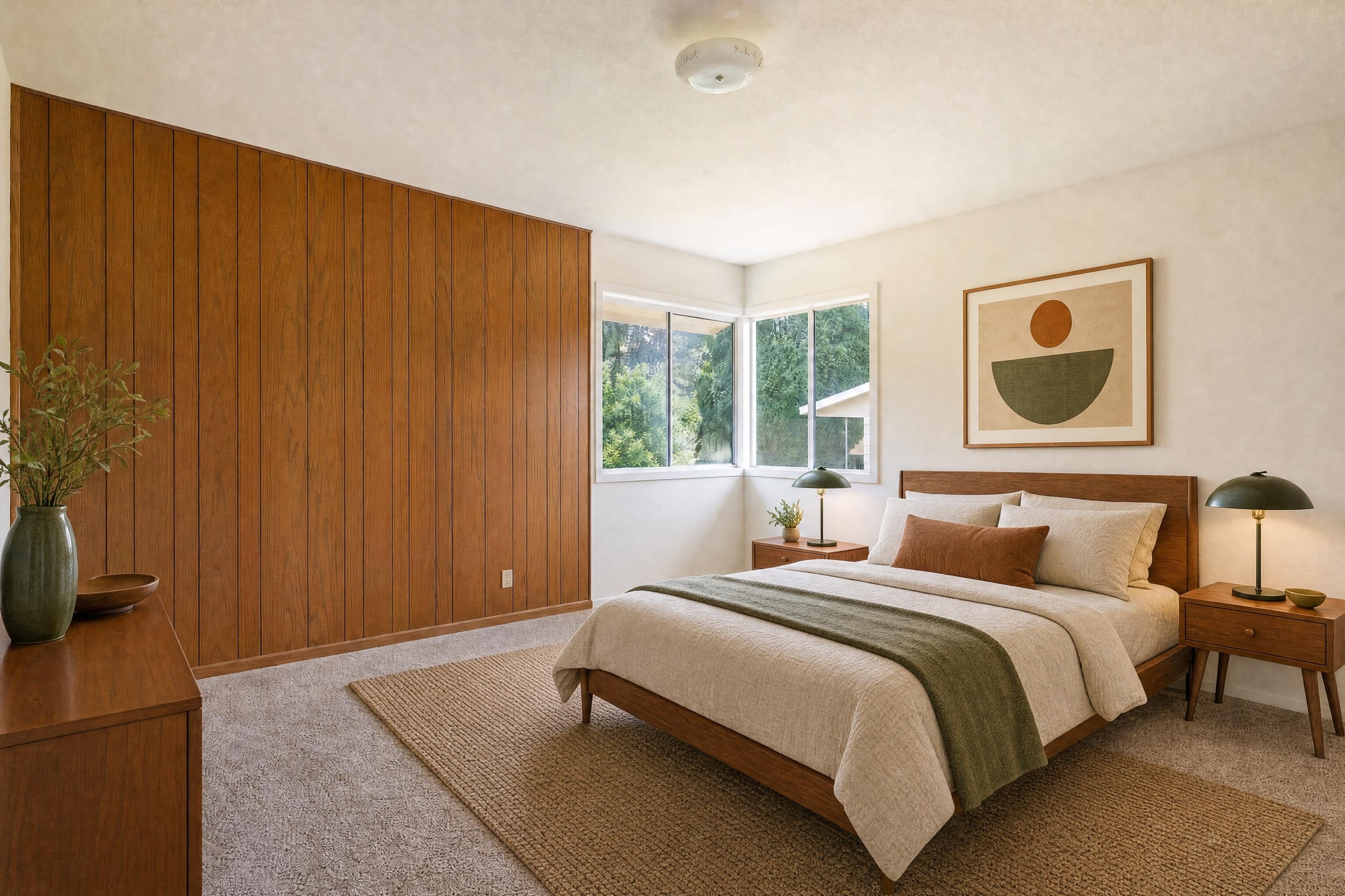 Bedroom in a 1960s house, virtually staged in a mid-century style