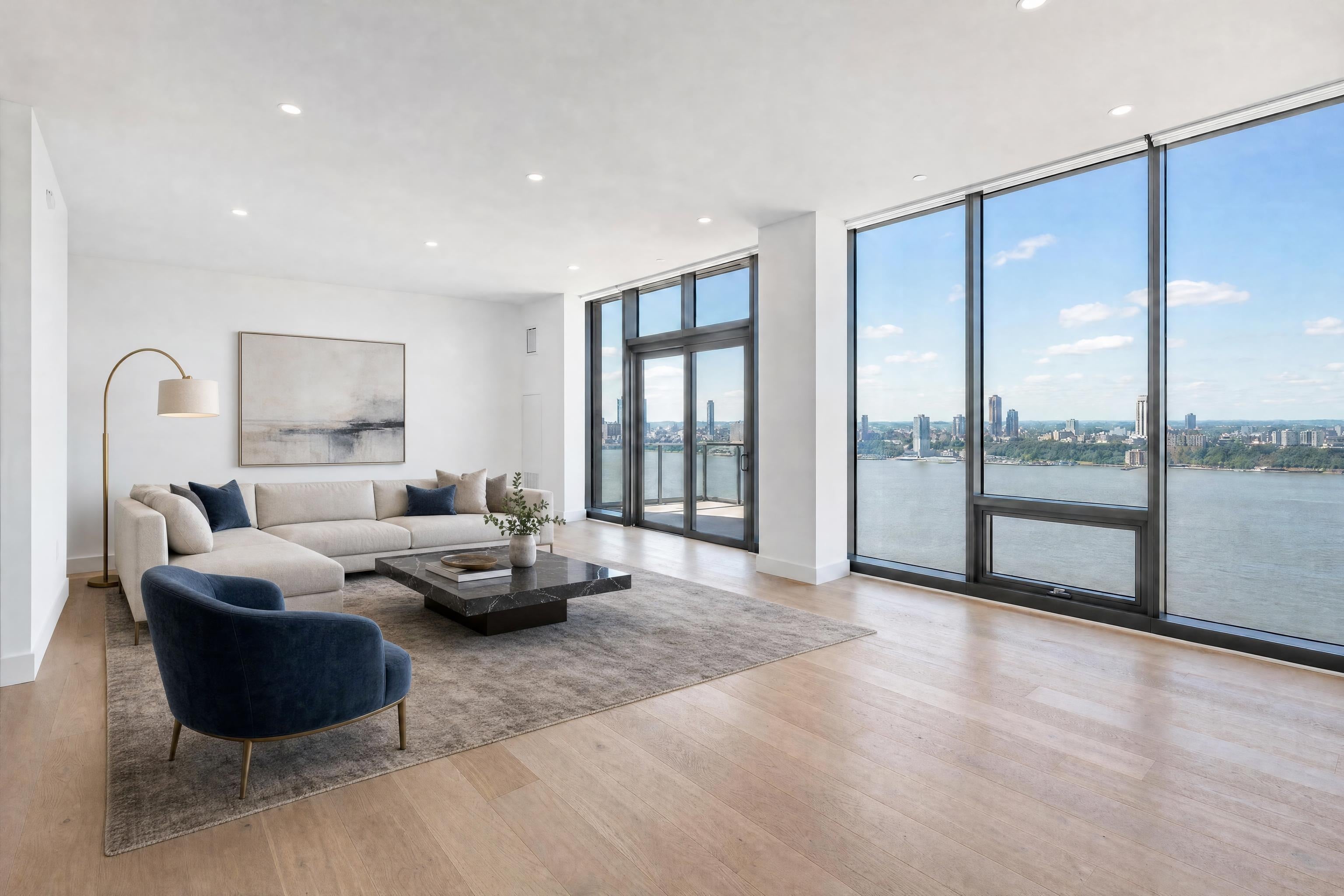Living room in a luxury condo, virtually staged in a luxury style