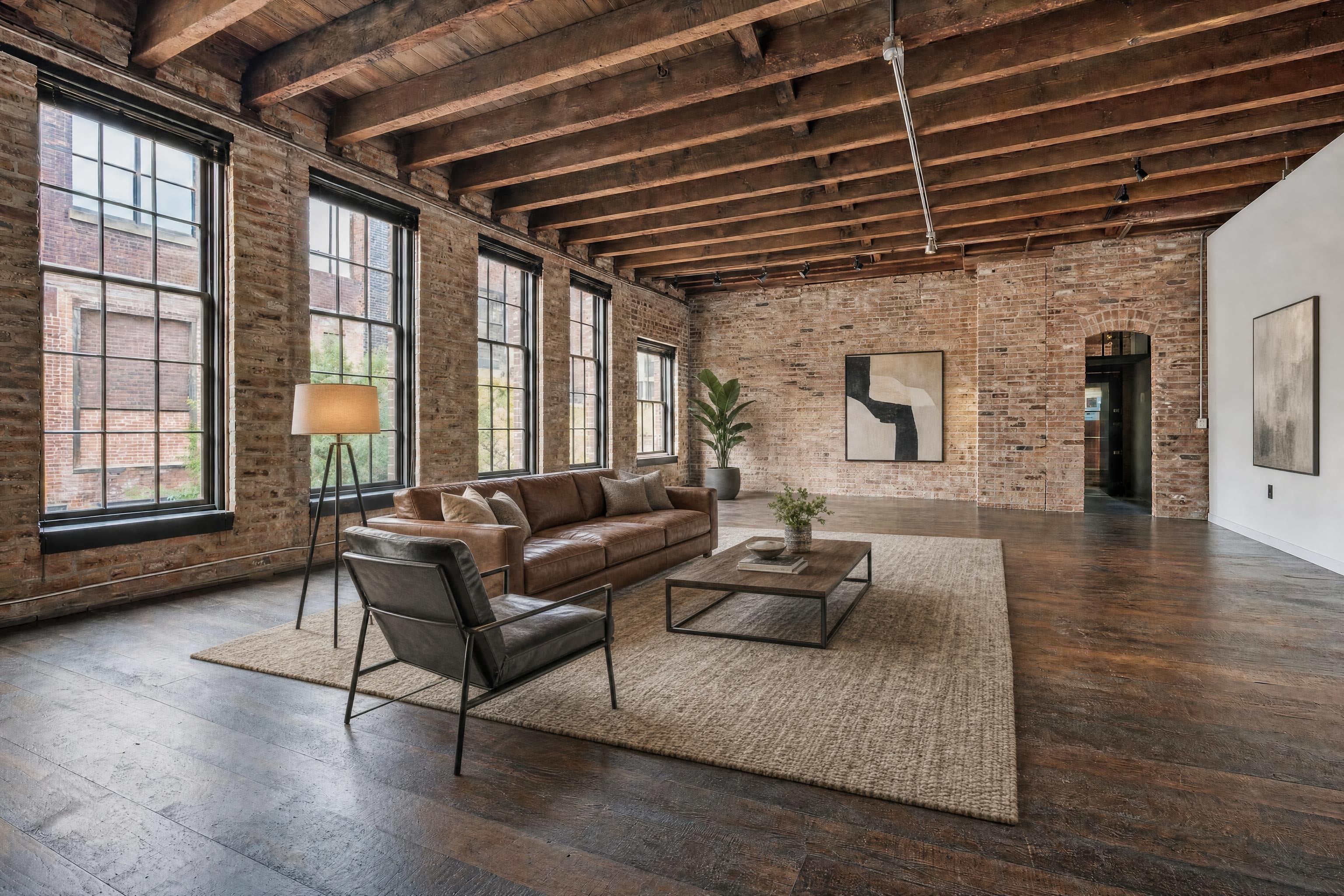 Living room in a warehouse loft conversion, virtually staged in a industrial style