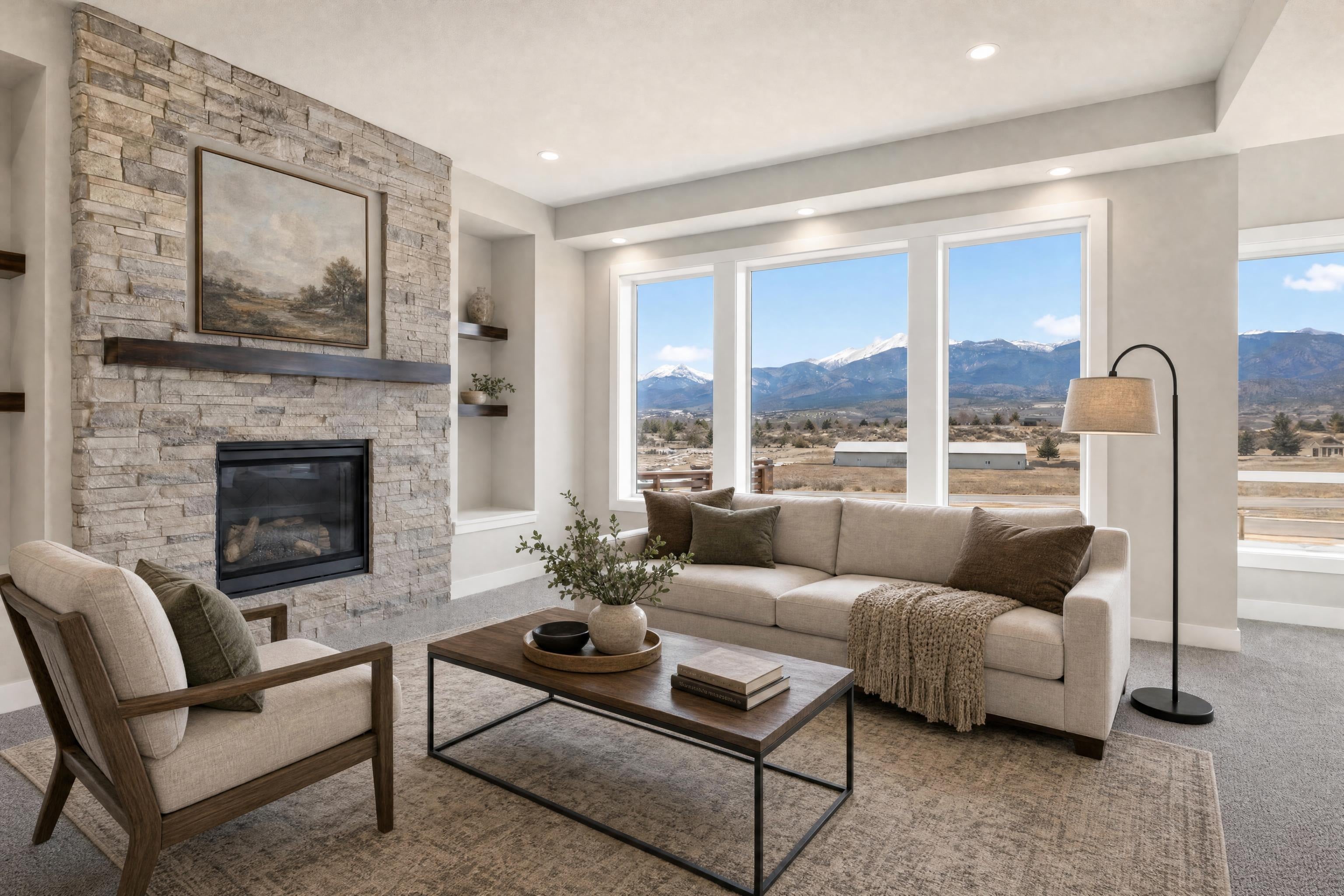 Living room in a Denver-area newer home, virtually staged in a transitional style