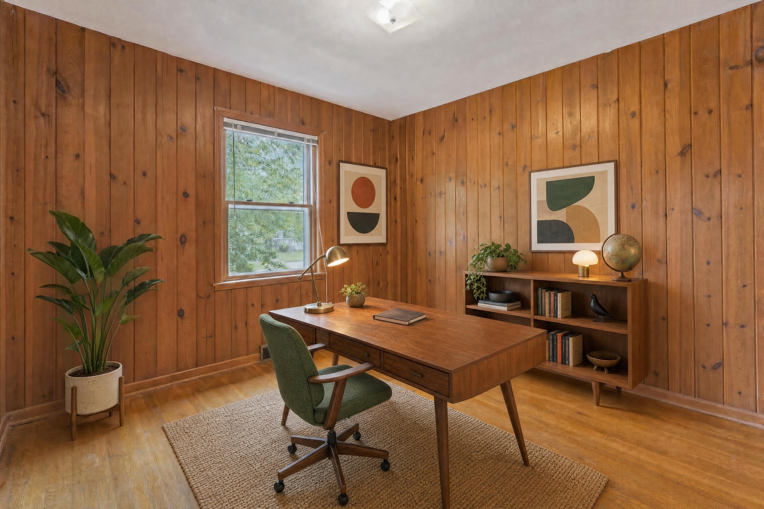 Small room used as a home office in a 1950s house, virtually staged in a mid-century style
