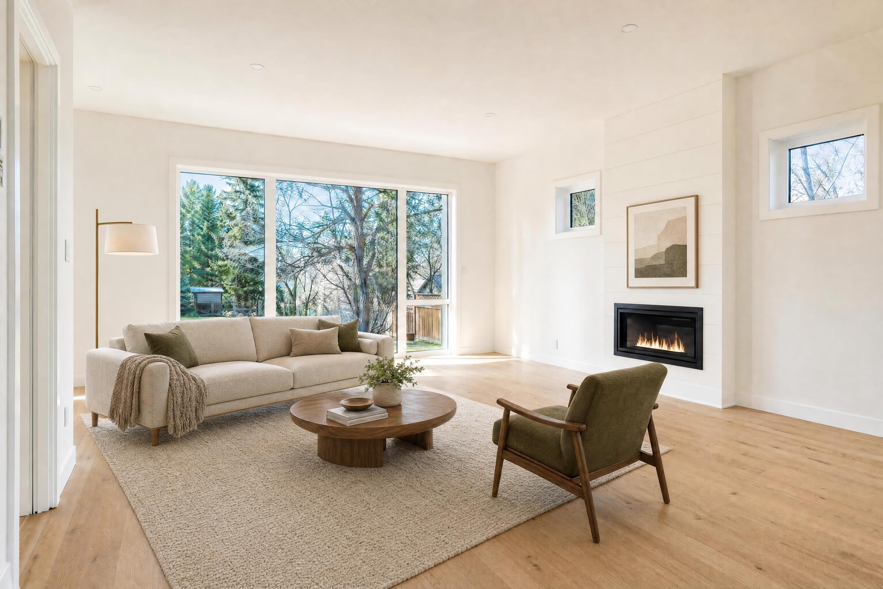 Living room with big south-facing windows and strong daylight, virtually staged in a warm modern style