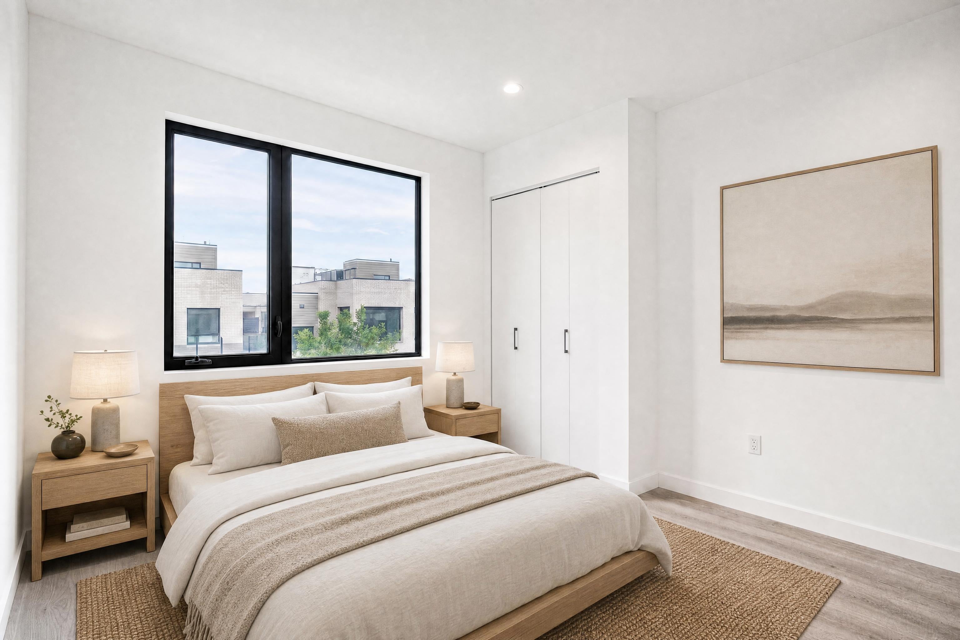 Bedroom in a modern townhouse, virtually staged in a Japandi style