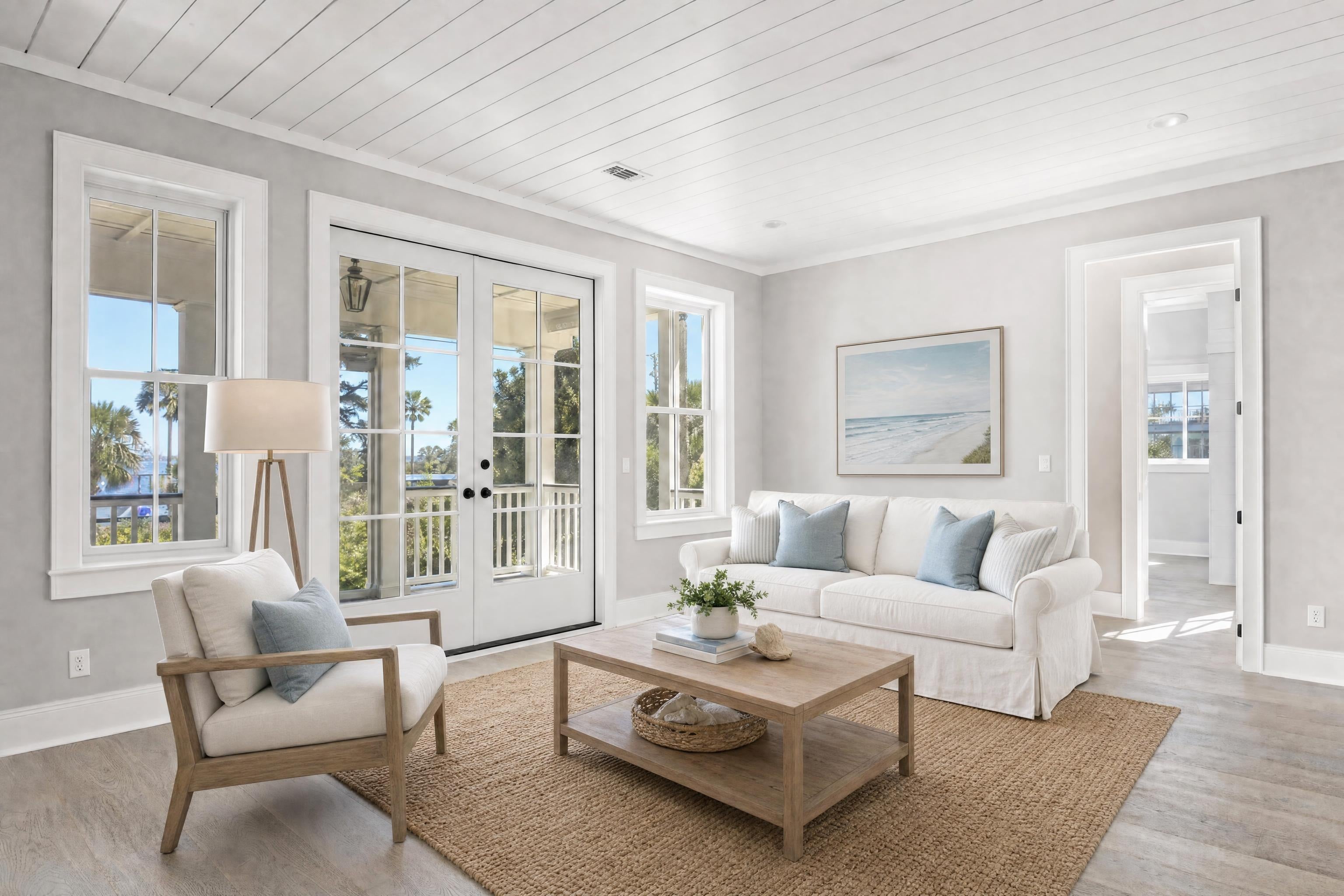 Living room in a beach cottage, virtually staged in a coastal style