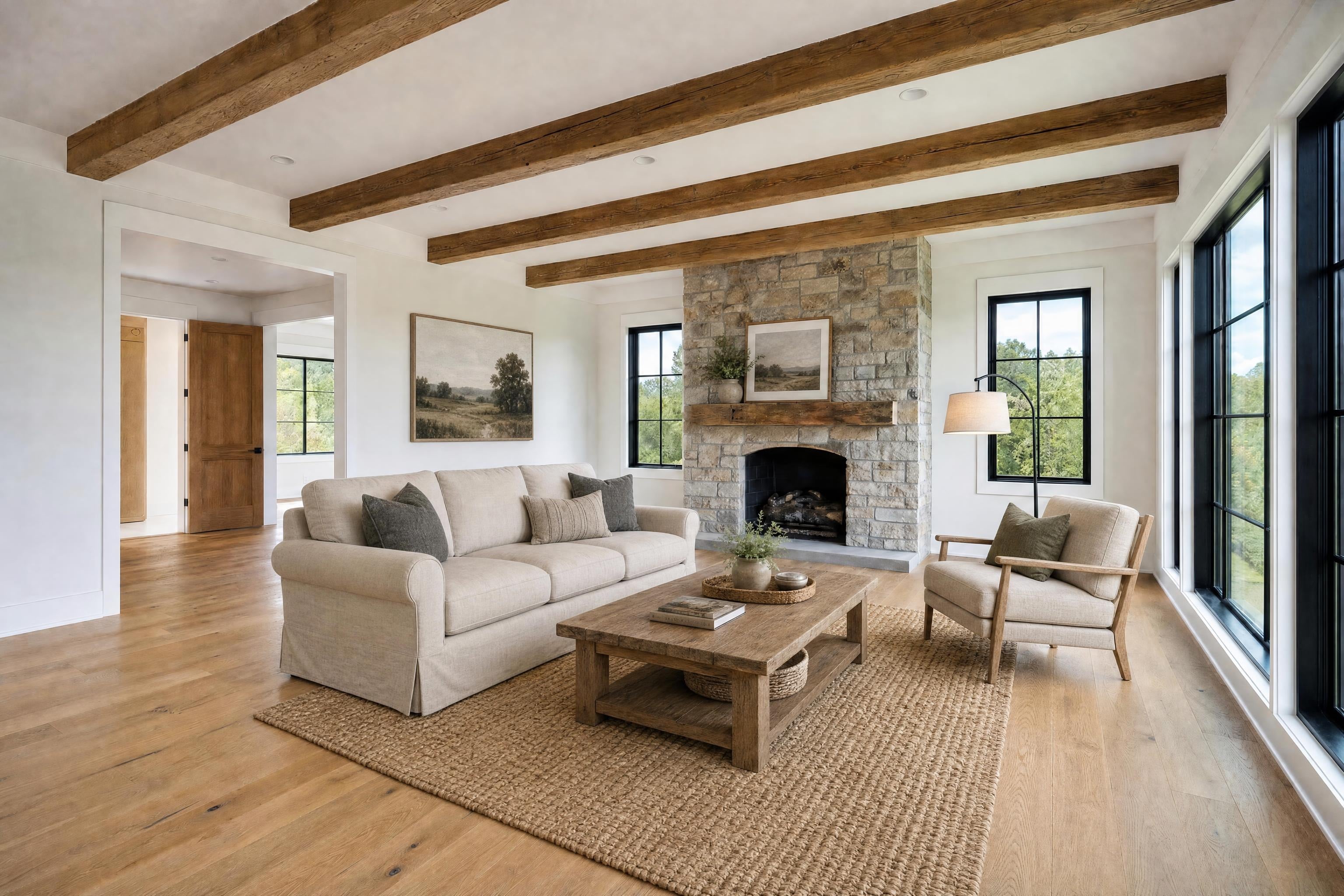Living room in a newer farmhouse-style home, virtually staged in a farmhouse style