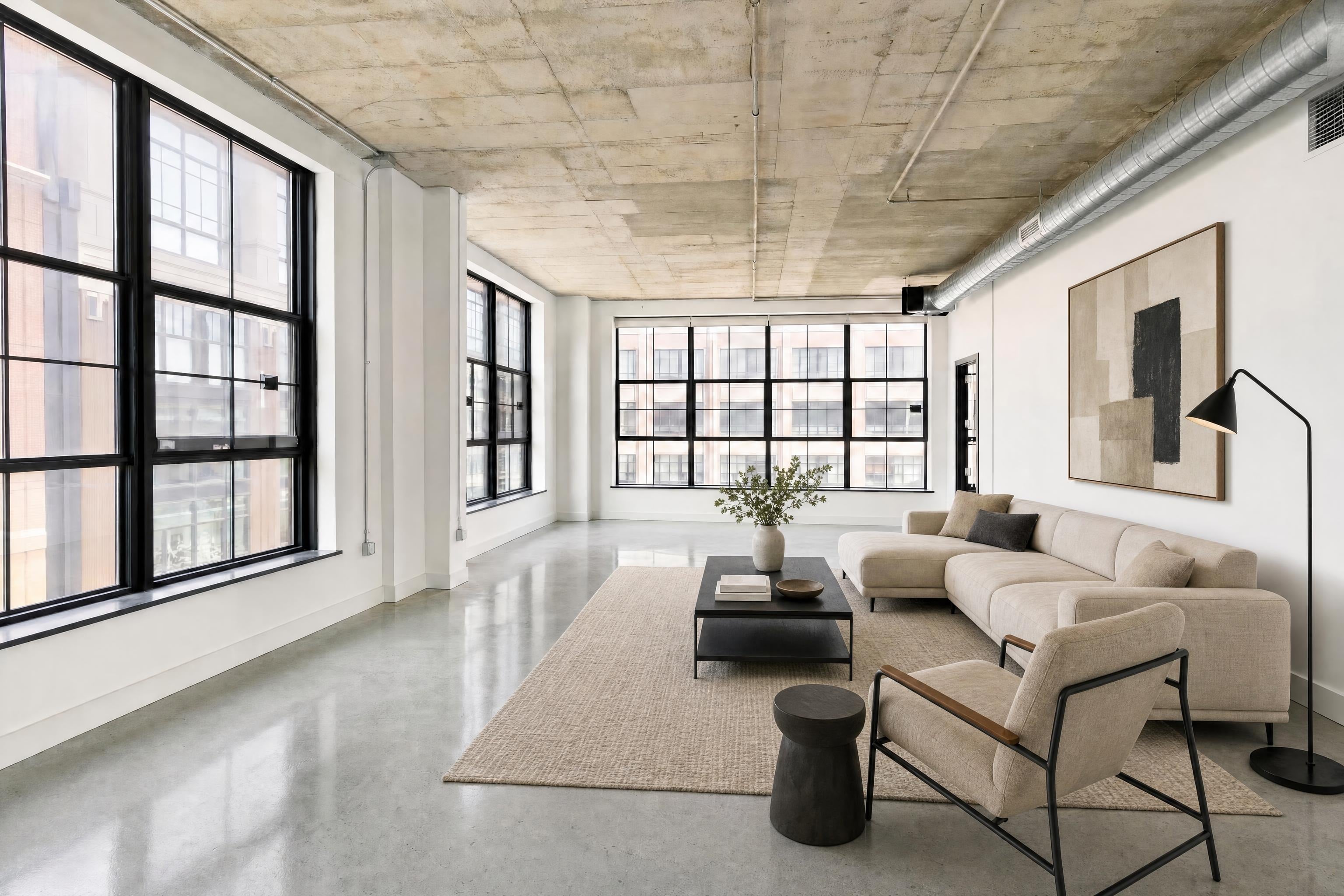 Open-plan living room in a modern loft condo, virtually staged in a minimalist style