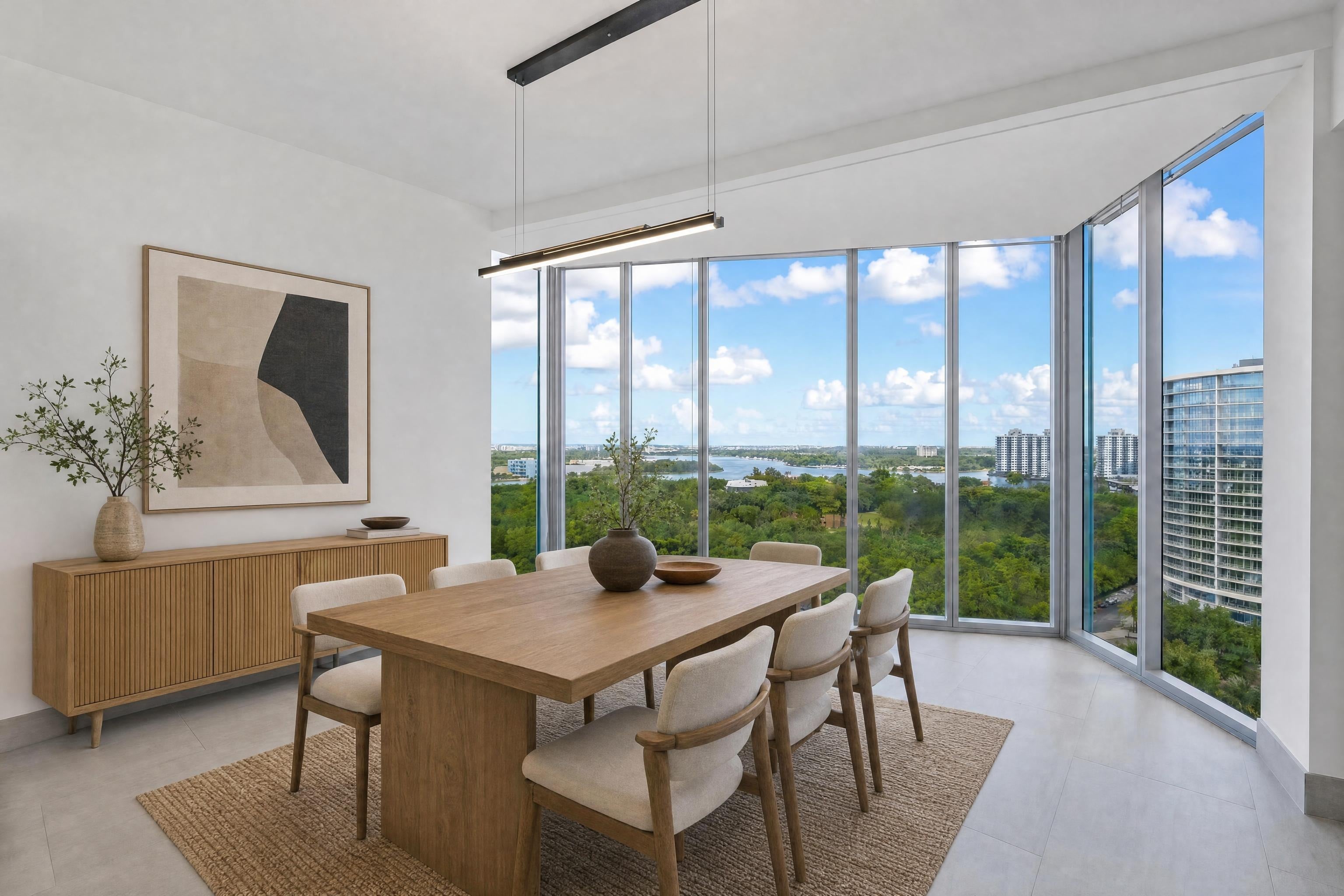Dining area in a modern apartment, virtually staged in a Japandi style