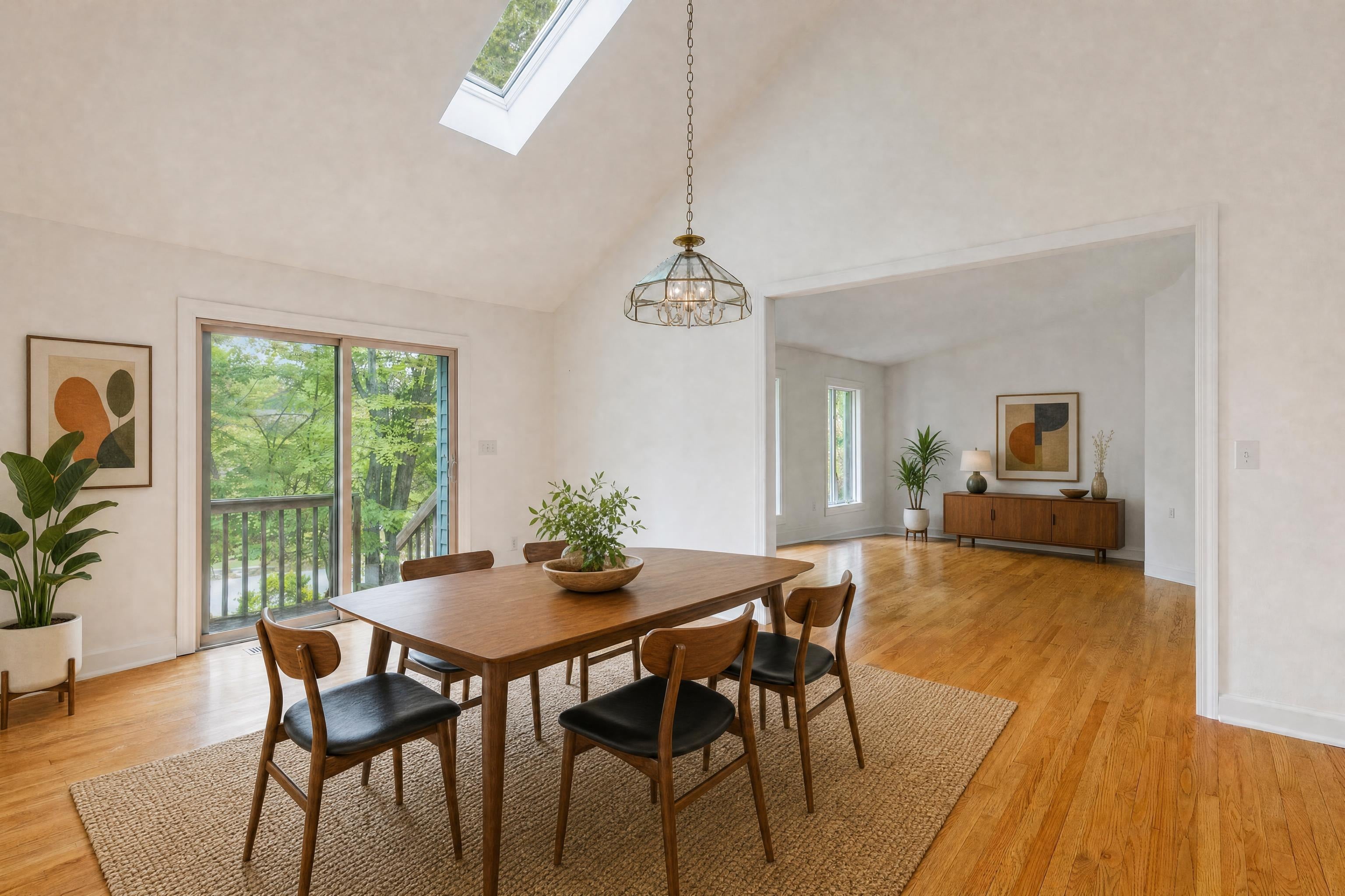 Dining area open to a living room in a 1980s contemporary house, virtually staged in a mid-century style