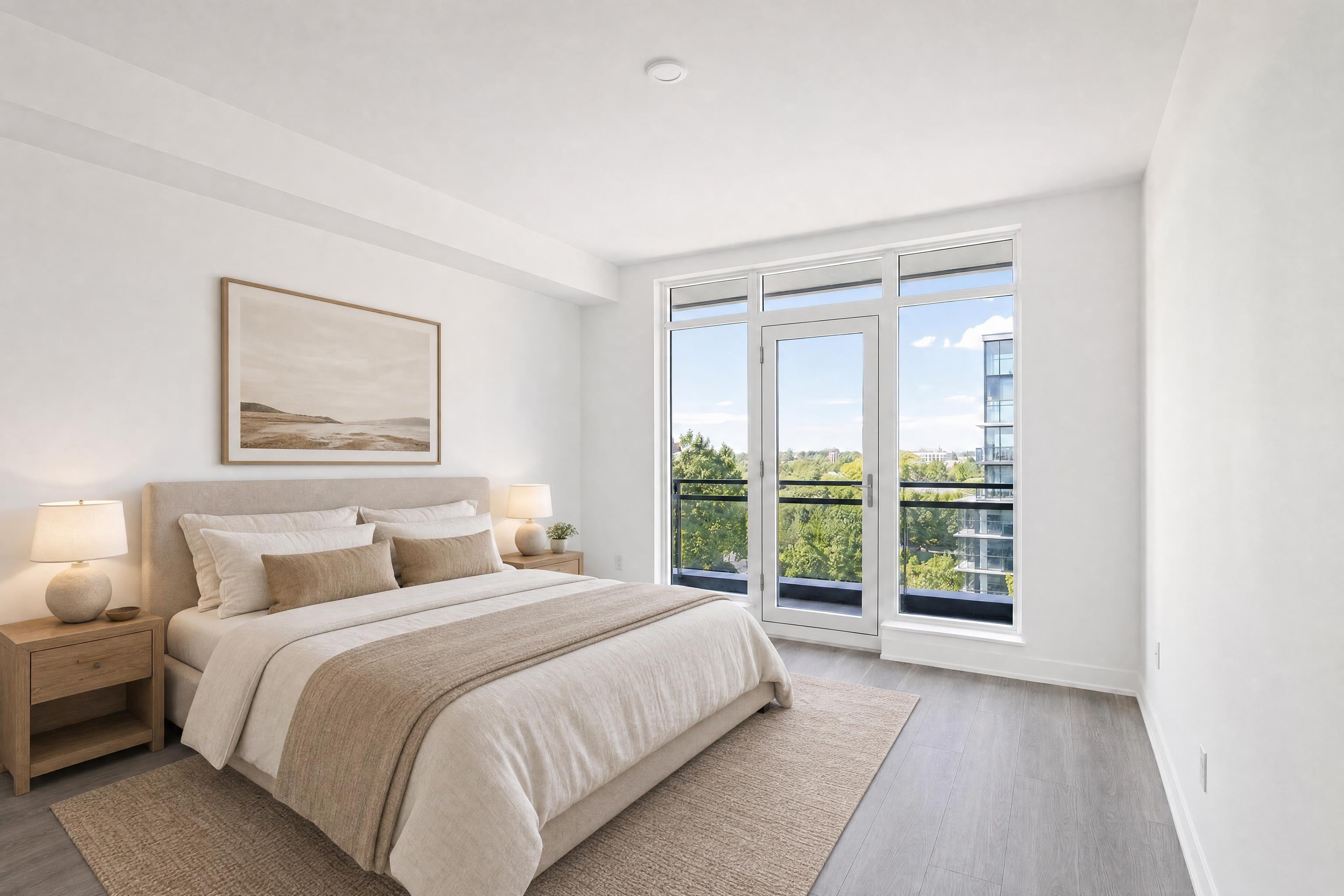 Bedroom in a new apartment, virtually staged in a warm modern style