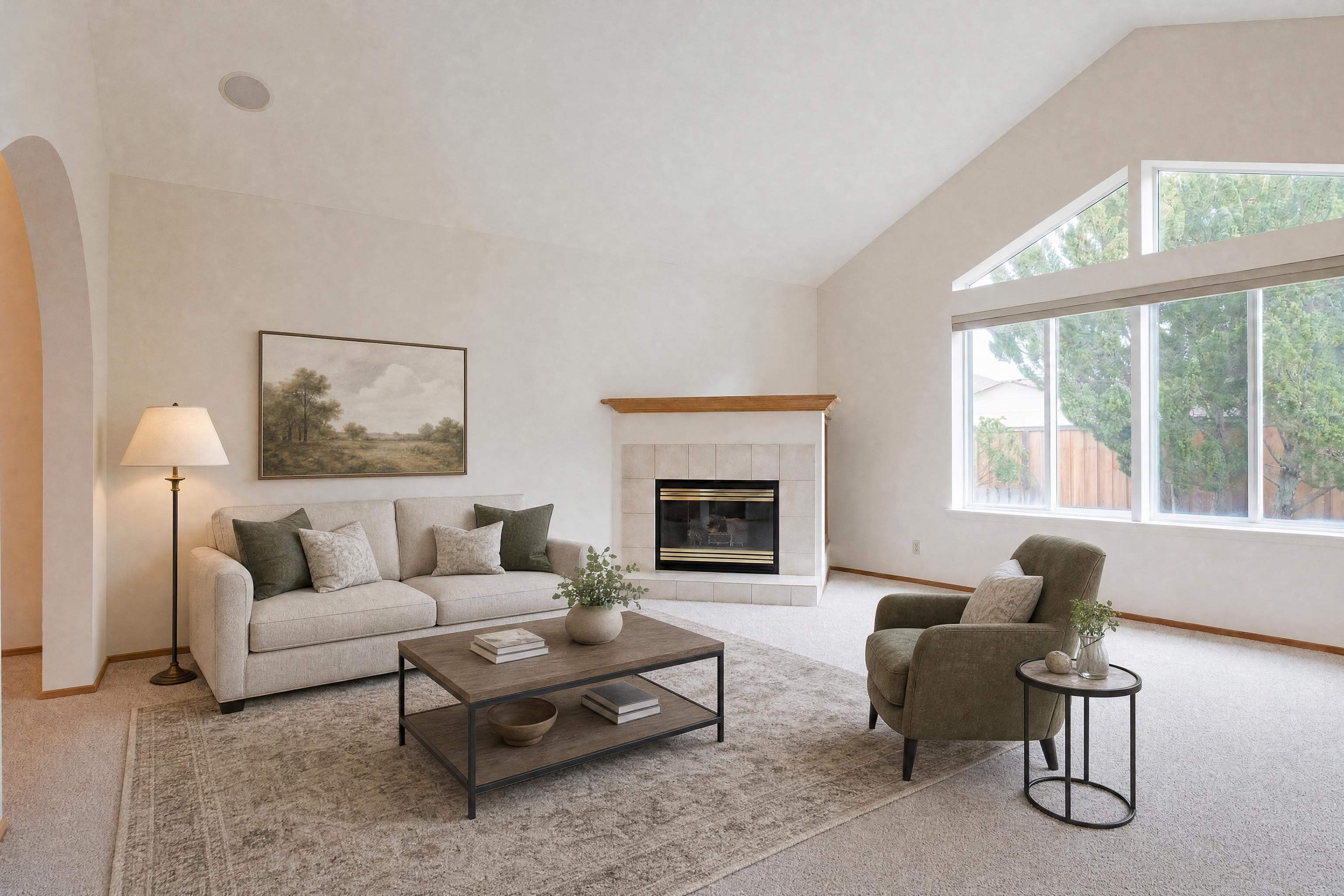 Family room in a typical 1990s suburban home, virtually staged in a transitional style