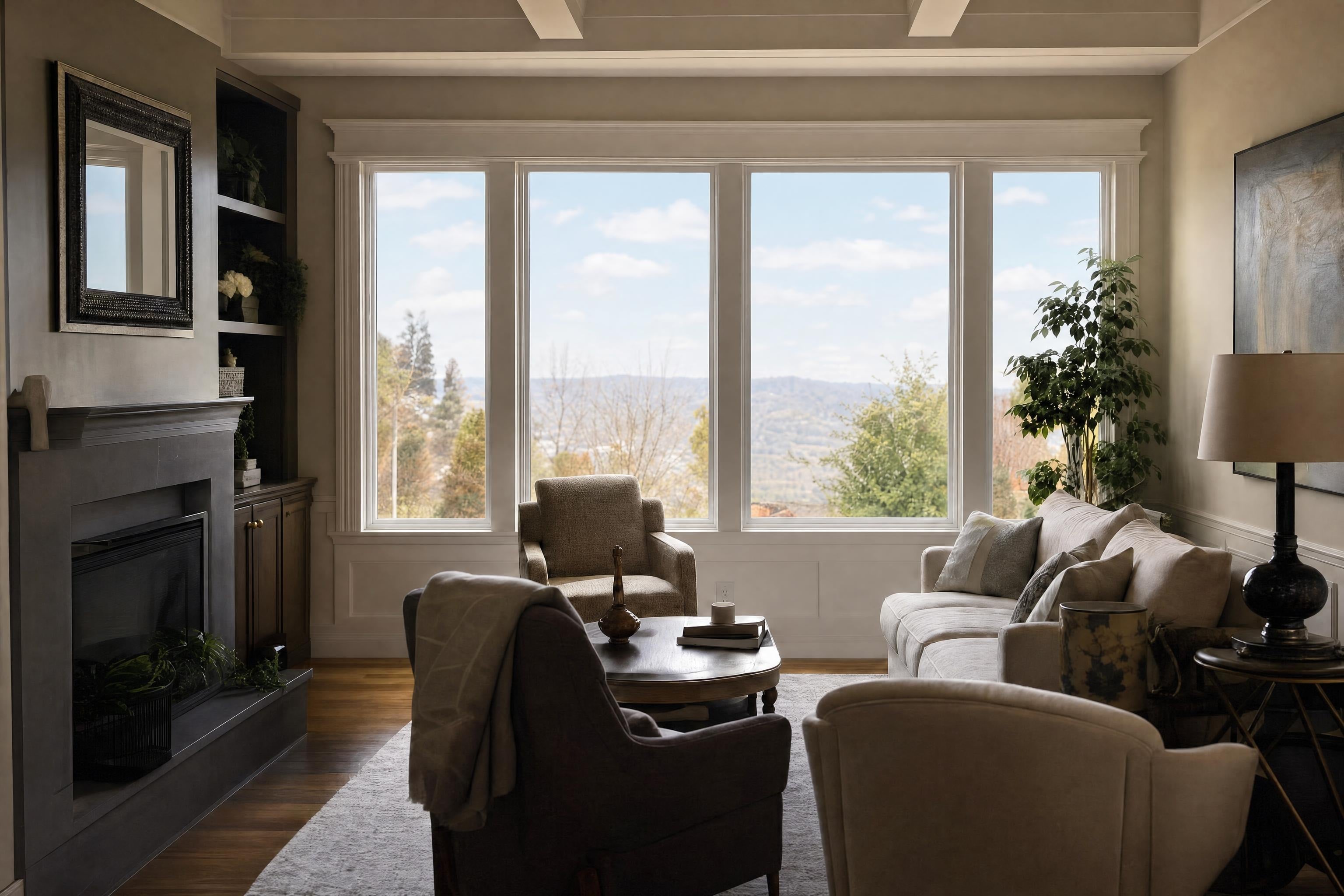 Living room after an HDR blend, with the garden visible through the windows