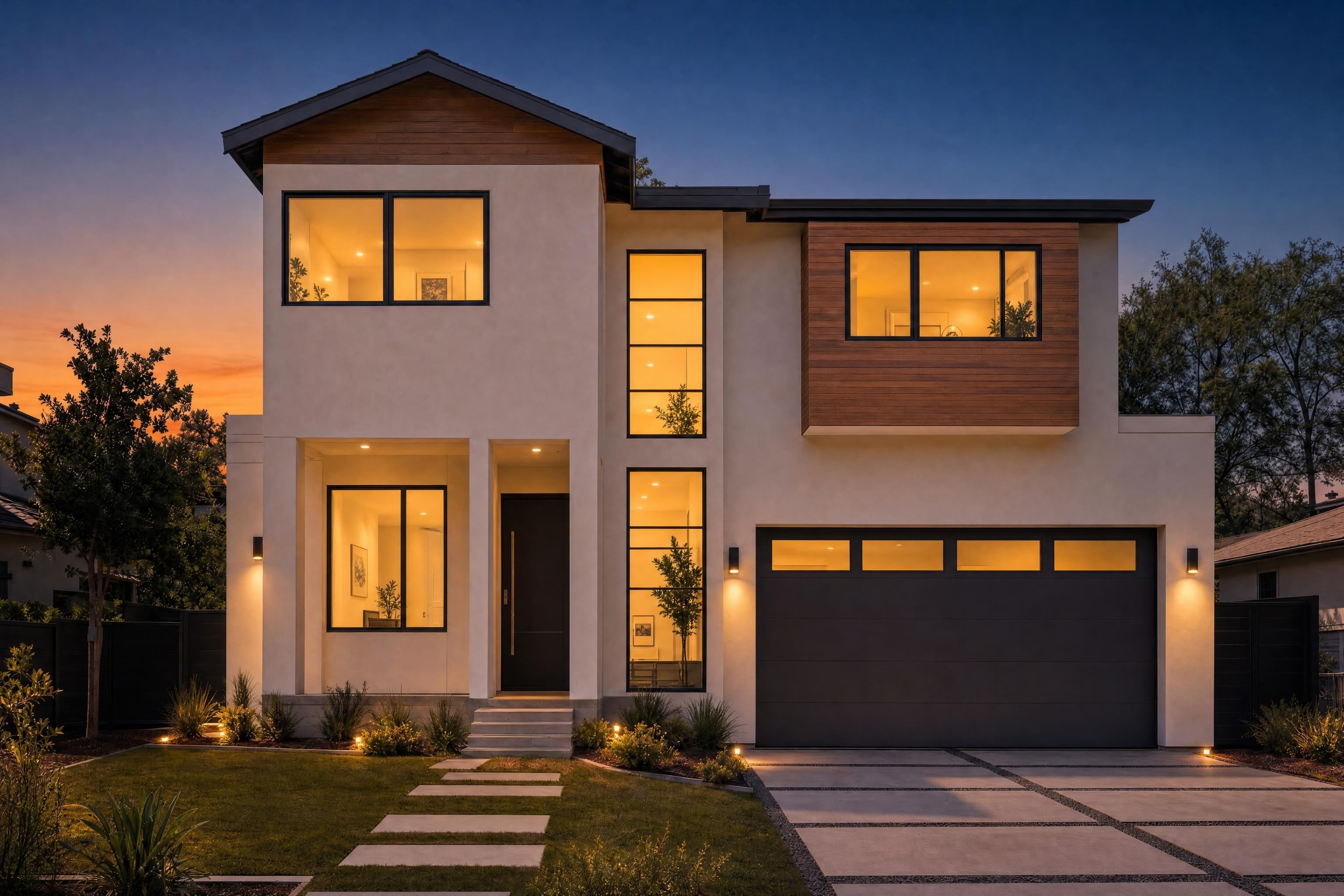 Modern house exterior turned into a virtual twilight photo with glowing windows